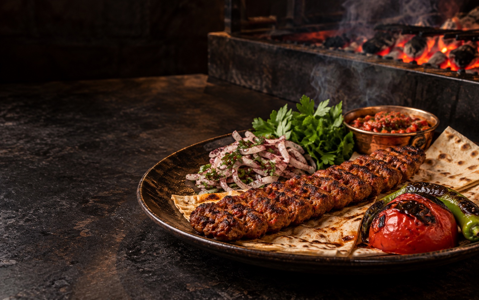 Köz ateşi önünde servis edilmiş Adana kebap tabağı